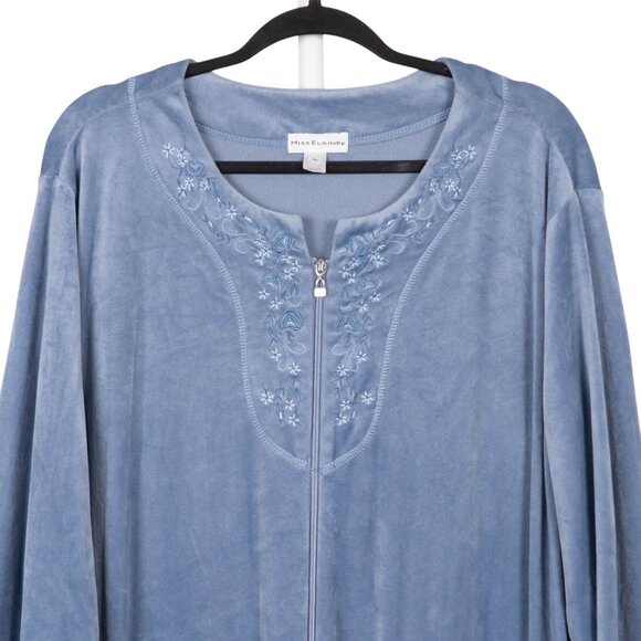 Miss Elaine Velour Robe XL Womens Light Blue Full Zip Embroidered Lounge Pockets - Picture 2 of 7
